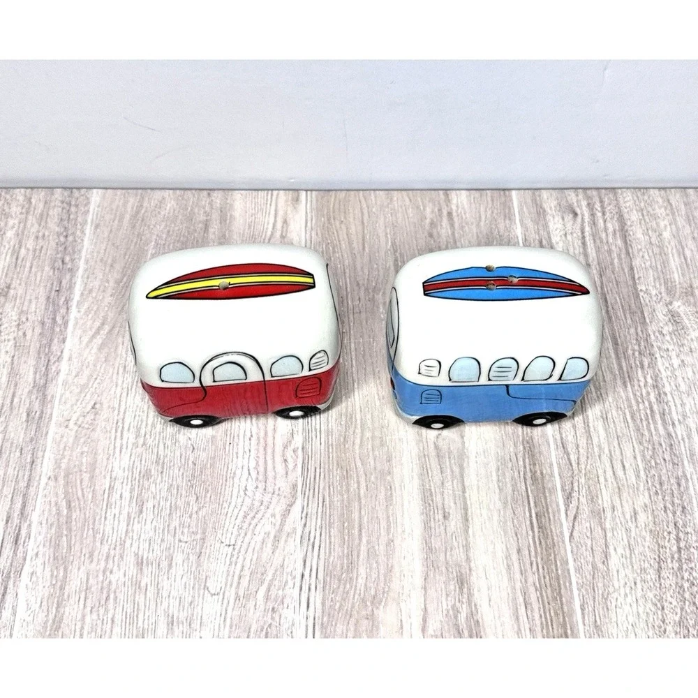 Vintage VW Bus Camper Salt Pepper Shakers Ceramic Red Blue Van Set